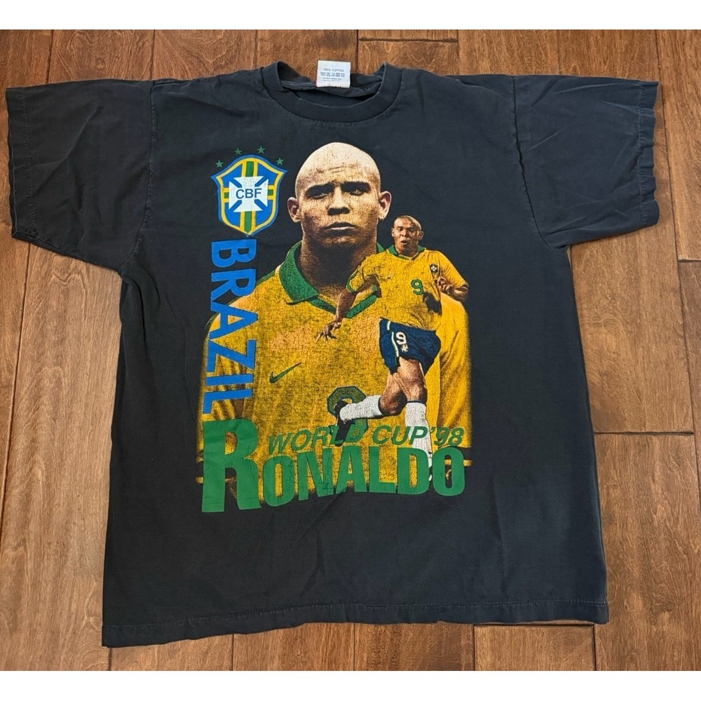 Ronaldo‎ R9 Brazil Football Rap Tee 98 Vintage T Shirt  90s Black Men Sz Small